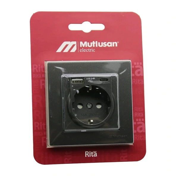 MUTLUSAN RİTA-2220 629 0295 BLİSTERLİ - KARTLI FÜME - USB + TYPE-C &apos; Lİ TOPRAKLI PRİZ ÇERÇEVELİ (5047)