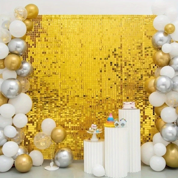 Altın Gold Renk Dikdörtgen Kesim Parlak Sim Görünümlü Fon Perde Dekor 1x2 Metre (5047)