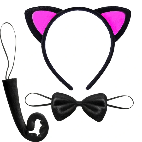 Kedi Kulak Taç Kuyruk ve Papyon 3 lü Set Çocuk Boy Fuşya Renk (5047)
