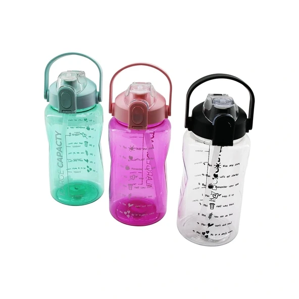 LARGE CAPACITY - 1500ML MOTİVASYON SULUK MATARA KİLİTLİ KAPAK - TAŞIMA KULP - RENKLİ PLS (5047)