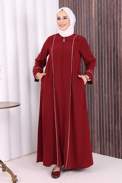 Çizgi Detaylı Boydan Fermuarlı Tam Boy Ferace 6011 Bordo ürün görseli