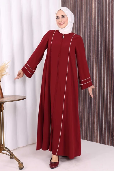 Çizgi Detaylı Boydan Fermuarlı Tam Boy Ferace 6011 Bordo - Resim 2