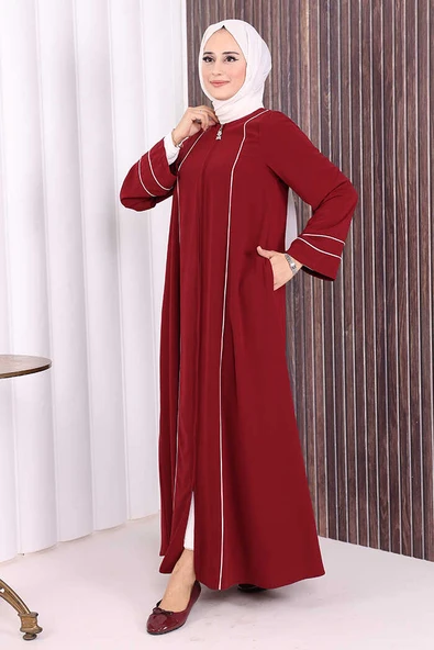 Çizgi Detaylı Boydan Fermuarlı Tam Boy Ferace 6011 Bordo - Resim 4