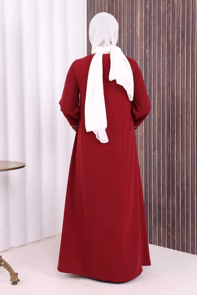 Çizgi Detaylı Boydan Fermuarlı Tam Boy Ferace 6011 Bordo - Resim 5