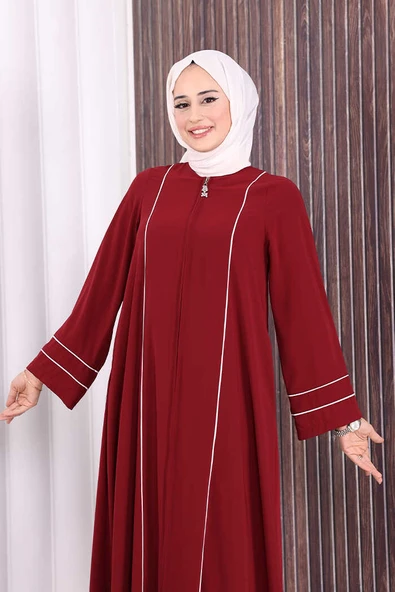 Çizgi Detaylı Boydan Fermuarlı Tam Boy Ferace 6011 Bordo - Resim 6