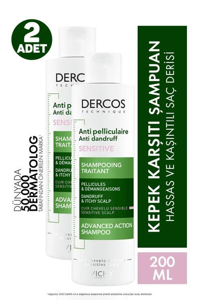 Vichy Dercos Anti-Pelliculaire Şampuan Hassas ve Kaşıntılı Saç Derisi 200 ml 2 Adet