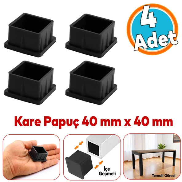 4 Adet Masa Sandalye Sehpa Ayak Tapası Kare Tıpa Papuç Takoz 40 mm x 40 mm Parke Zemin Koruyucu