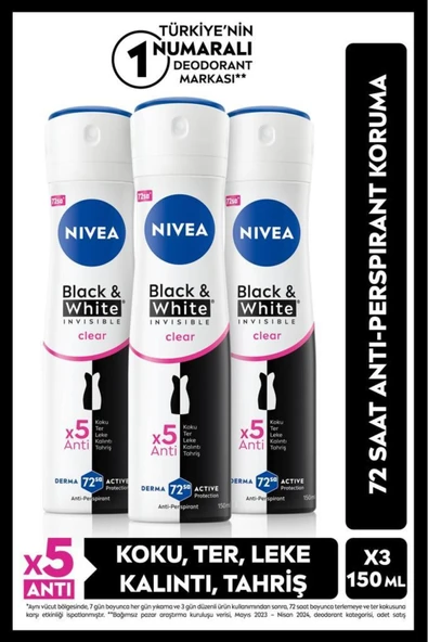 Kadın Sprey Deodorant Black&White Invisible Clear 150ml, 72 Saat Anti-perspirant Koruma, X3 Adet