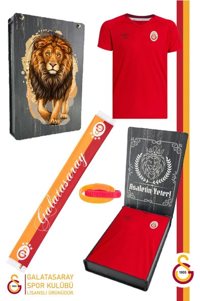 Galatasaray Orijinal Lisanslı Umbro V Yaka Kırmızı T-Shirt + Bileklik + Atkı Set Hediye Ahşap Kut