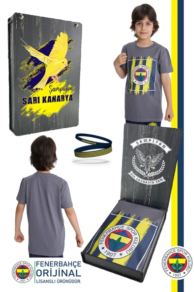 Fenerbahçe Orijinal Renkli Logo Sıfır Yaka Çocuk T-Shirt Spor Bileklik Hediyelik Set Ahşap Kutulu