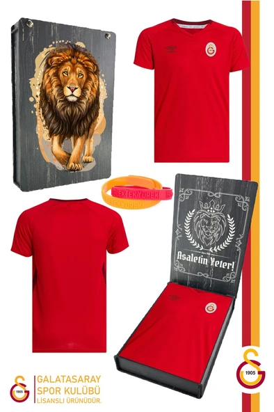 Galatasaray Orijinal Lisanslı Umbro V Yaka Kırmızı T-Shirt + Bileklik Set Hediyelik Ahşap Kutulu