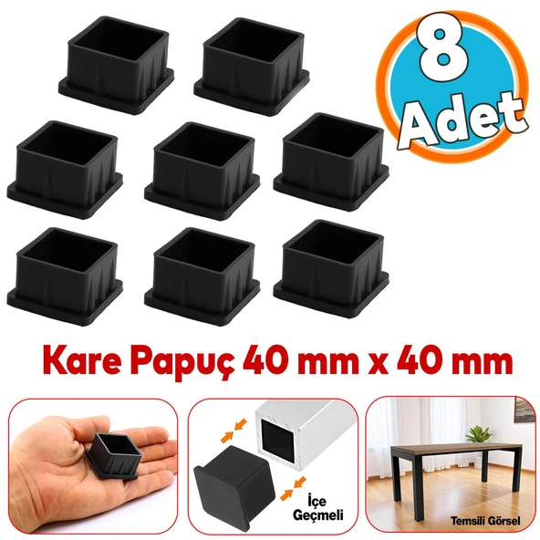 8 Adet Masa Sandalye Sehpa Ayak Tapası Kare Tıpa Papuç Takoz 40 mm x 40 mm Parke Zemin Koruyucu