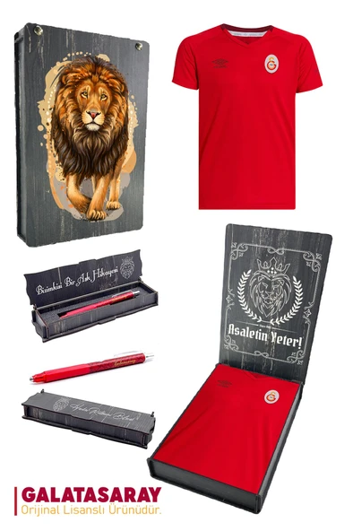 Galatasaray Orijinal Lisanslı Umbro V Yaka Kırmızı T-Shirt + Uçlu Kalem Set Hediyelik Ahşap Kutulu ürün görseli 1