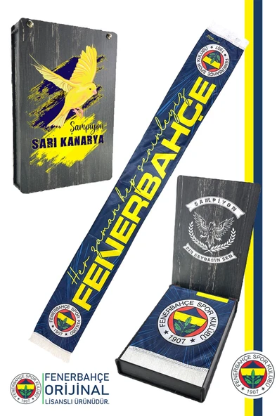 Fenerbahçe Orijinal Lisanslı Her Zaman Hep Seninleyiz Şal Atkı Kanarya Baskılı Ahşap Kutulu
