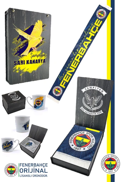 Fenerbahçe Orijinal Her Zaman Hep Seninleyiz Şal Atkı Seramik Kupa Set Kanarya Baskılı Ahşap Kutulu