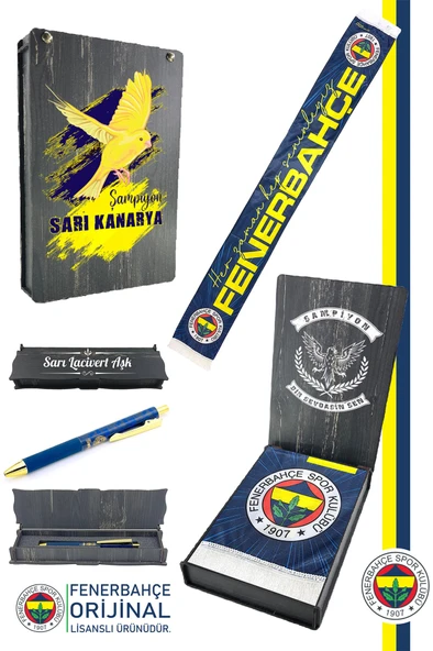 Fenerbahçe Orijinal Her Zaman Hep Seninleyiz Şal Atkı Tükenmez Kalem Set Kanarya Baskı Ahşap Kutu