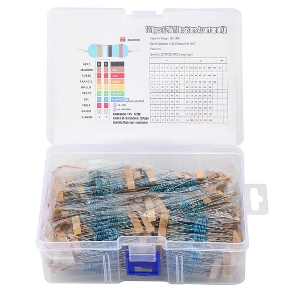Direnç Seti 1/2W Metal Film %1 10'ar Adet Toplamda 1270 Adet 127 Çeşit Şeffaf Çantada - Resim 2