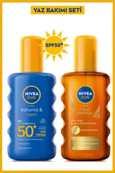 SUN SPF50 Güneş Koruyucu Nemlendirici Vücut Spreyi 200ml ve Karoten Doğal Bronzlaştırıcı Sprey 200ml