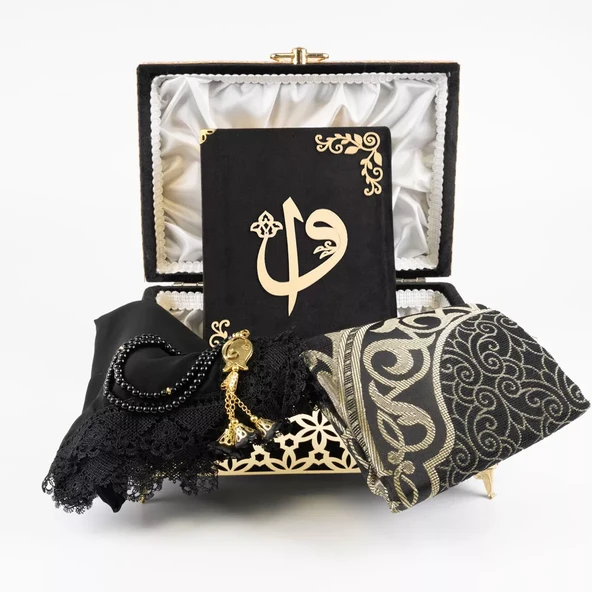 Desenli Kutu Çeyizlik, Şal + Seccade + Tesbih + Kuran Hediye Seti (Orta B. Kadife, Siyah, Elif-Vav) - 5