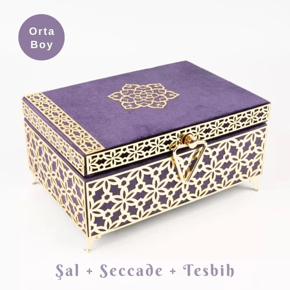 Desenli Kutu Çeyizlik, Şal + Seccade + Tesbih + Kuran Hediye Seti (Orta B. Kadife, Mor, Elif-Vav) ürün görseli 1