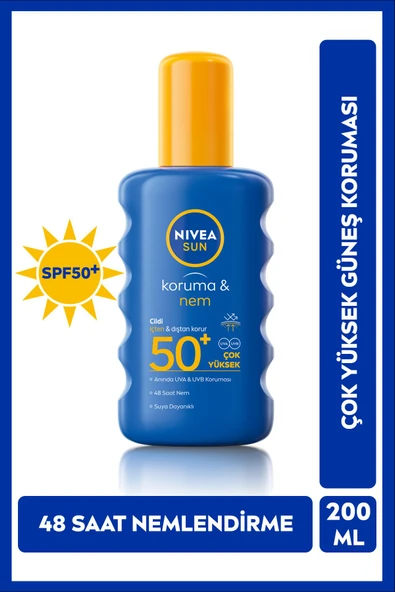 SUN SPF50 Yüksek Güneş Koruyucu ve Nemlendirici Vücut Spreyi 200ml, UVA UVB Koruması, Suya Dayanıklı