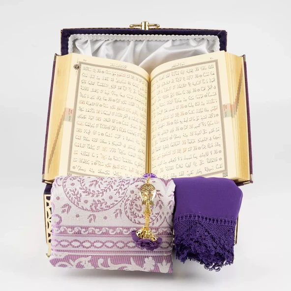 Desenli Kutu Çeyizlik, Şal + Seccade + Tesbih + Kuran Hediye Seti (Orta B. Kadife, Mor, Elif-Vav) - Resim 4