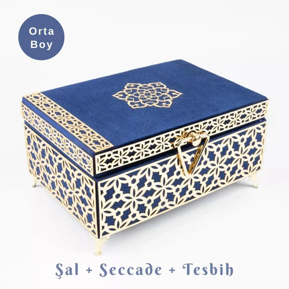 Desenli Kutu Çeyizlik, Şal + Seccade + Tesbih + Kuran Hediye Seti (Orta B. Kadife, Lacivert)