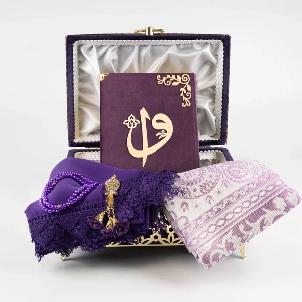 Desenli Kutu Çeyizlik, Şal + Seccade + Tesbih + Kuran Hediye Seti (Orta B. Kadife, Mor, Elif-Vav) - Resim 5