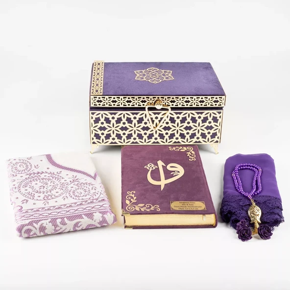 Desenli Kutu Çeyizlik, Şal + Seccade + Tesbih + Kuran Hediye Seti (Orta B. Kadife, Mor, Elif-Vav) - Resim 3
