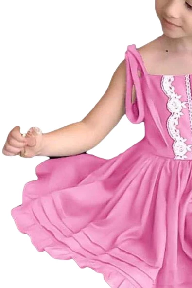 Kız Çocuk İp Askılı Bağlamalı Göğsü Dantel İşlemeli Pileli Pembe Keten Elbise - 5