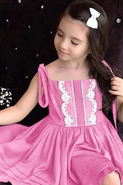 Kız Çocuk İp Askılı Bağlamalı Göğsü Dantel İşlemeli Pileli Pembe Keten Elbise - 2