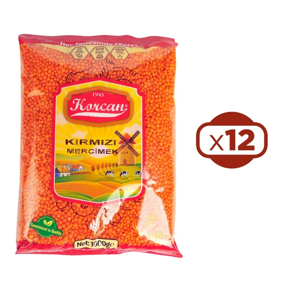 Korcan Kırmızı Mercimek 1 kg x 12 Adet