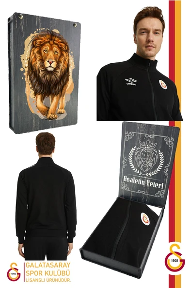 Galatasaray Orijinal Lisanslı Dik Yaka Fermuarlı Siyah Sweat Gs Aslan Baskılı Hediyelik Ahşap Kutu