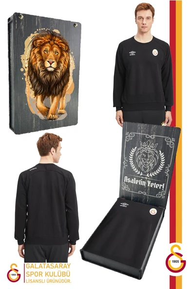 Galatasaray Orijinal Lisanslı Sıfır Yaka Siyah Sweat Gs Aslan Baskılı Hediyelik Ahşap Kutulu