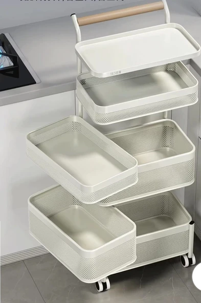 TRENDESK 6 Katlı Metal Beyaz Yana Açılır Sebze Meyve Sepeti Patates Soğan Sepeti Sebzelik Tekerlekli 1094-CN - 5