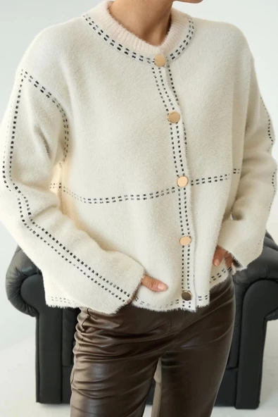 Şeritli Triko HIRKA - Krem-Siyah - 5