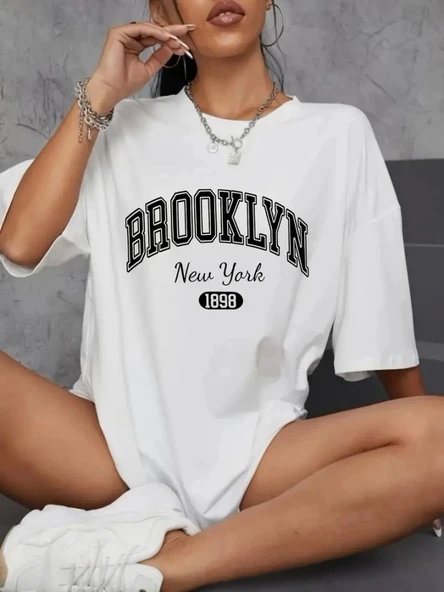 Baskılı Oversize Bisiklet Yaka T-shirt - Beyaz