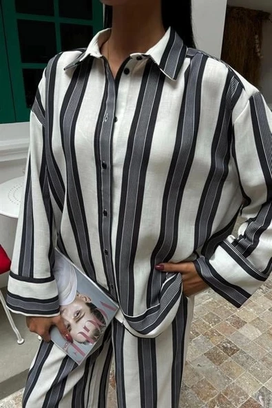 Çizgili Keten Pantolon Gömlek Takım 10025 - 5