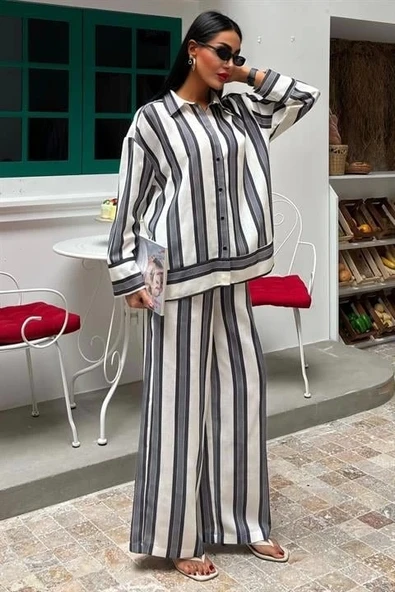 Çizgili Keten Pantolon Gömlek Takım 10025 - 2