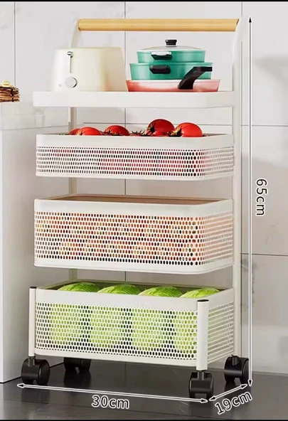 TRENDESK 4 Katlı Metal Beyaz Yana Açılır Sebze Meyve Sepeti Patates Soğan Sepeti Sebzelik Tekerlekli 1097-CN ürün görseli