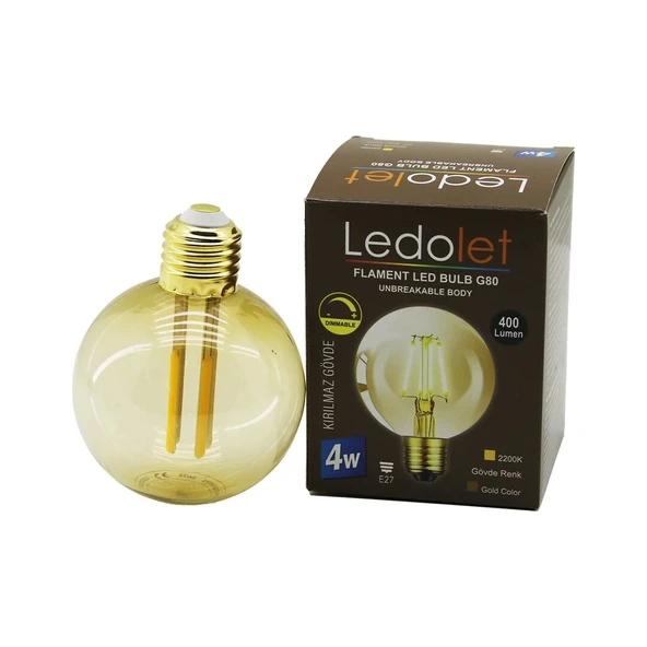LEDOLET G-95  4W - E27   GOLD COLOR  FLAMENT RUSTİK AMPUL  400LUMEN - 2200K  KIRILMAZ GÖVDE (5047)