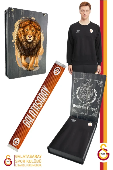 Galatasaray Orijinal Lisanslı Sıfır Yaka Siyah Sweat Şal Kaşkol Set Hediyelik Ahşap Kutulu