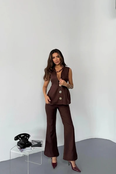 KETEN GOLD DÜĞMELİ YELEK - PANTOLON TK - Kahverengi