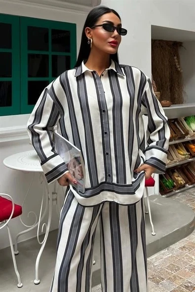 Çizgili Keten Pantolon Gömlek Takım 10025 - 3