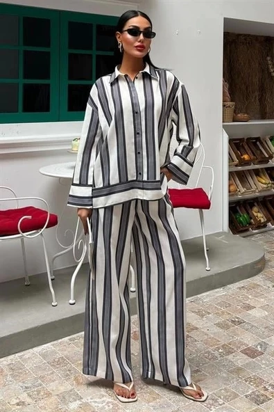 Çizgili Keten Pantolon Gömlek Takım 10025