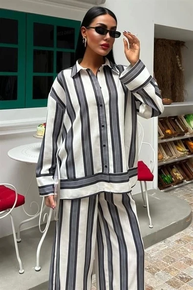 Çizgili Keten Pantolon Gömlek Takım 10025 - 4