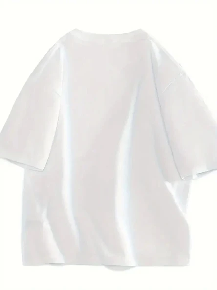 Baskılı Oversize Bisiklet Yaka T-shirt - Beyaz - 4