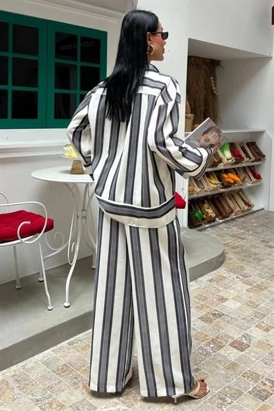 Çizgili Keten Pantolon Gömlek Takım 10025 - 7