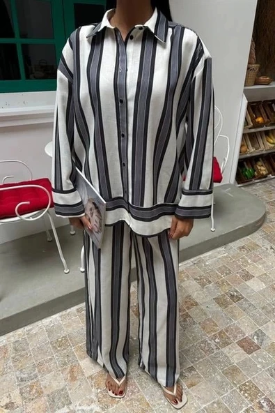 Çizgili Keten Pantolon Gömlek Takım 10025 - 6