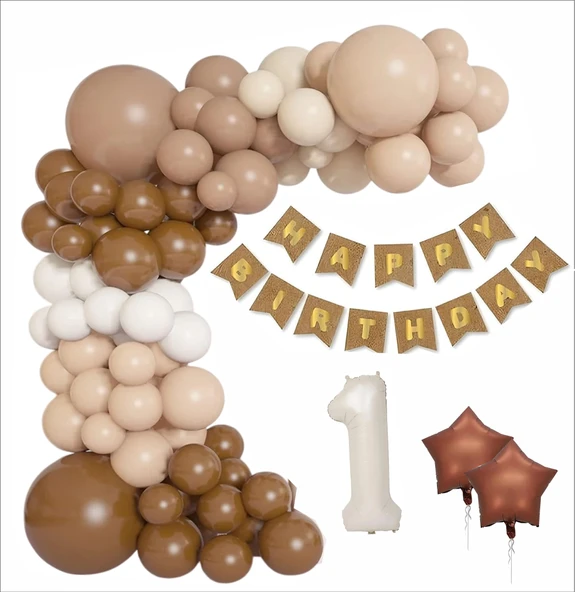 KRAFT GOLD BANNER 1 YAŞ KAHVE -BEYAZ KONSEPT DOĞUM GÜNÜ SETİ